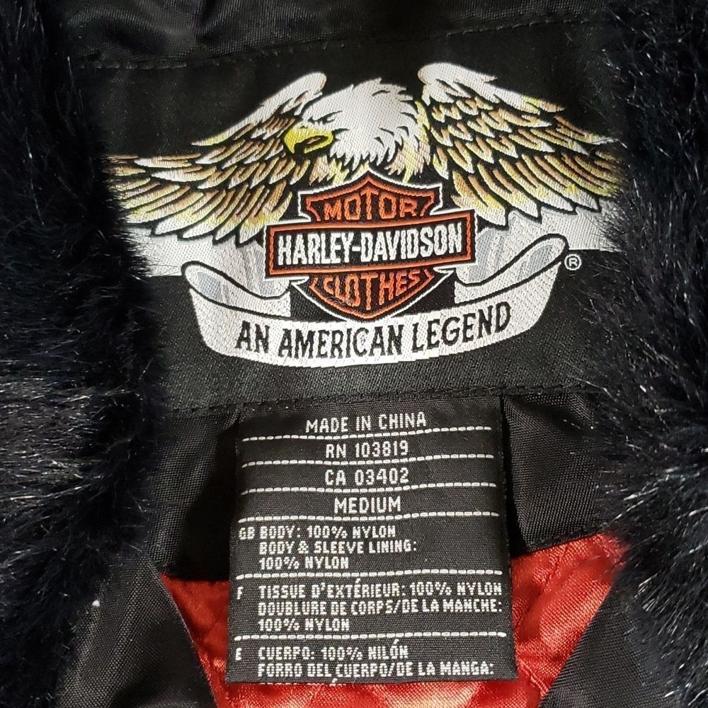 Harley-Davidson Black Winter Coat Nylon Faux Fur Motorcycle Jacket Red Lining‎ M - Picture 9 of 12